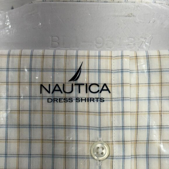 Nautica Mens Dress Shirt 100% Cotton White & Blue Plaid Button-Up Size 17 32/33 - Picture 6 of 7